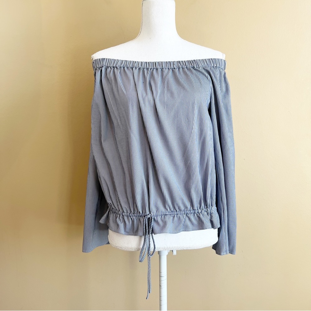 THEORY Odetta stretch off shoulder blouse seersucker size small blue white - Picture 6 of 8